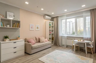 Фотография детской прямоугольной комнаты с окном: светлая гостиная с диваном у стены, компактной обеденной зоной, стеллажом и крупным окном. Мягкие бежевые тона, светлый древесный пол, полупрозрачные шторы и акцентная стена серого оттенка.