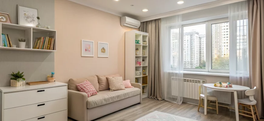 Фотография детской прямоугольной комнаты с окном: светлая гостиная с диваном у стены, компактной обеденной зоной, стеллажом и крупным окном. Мягкие бежевые тона, светлый древесный пол, полупрозрачные шторы и акцентная стена серого оттенка.