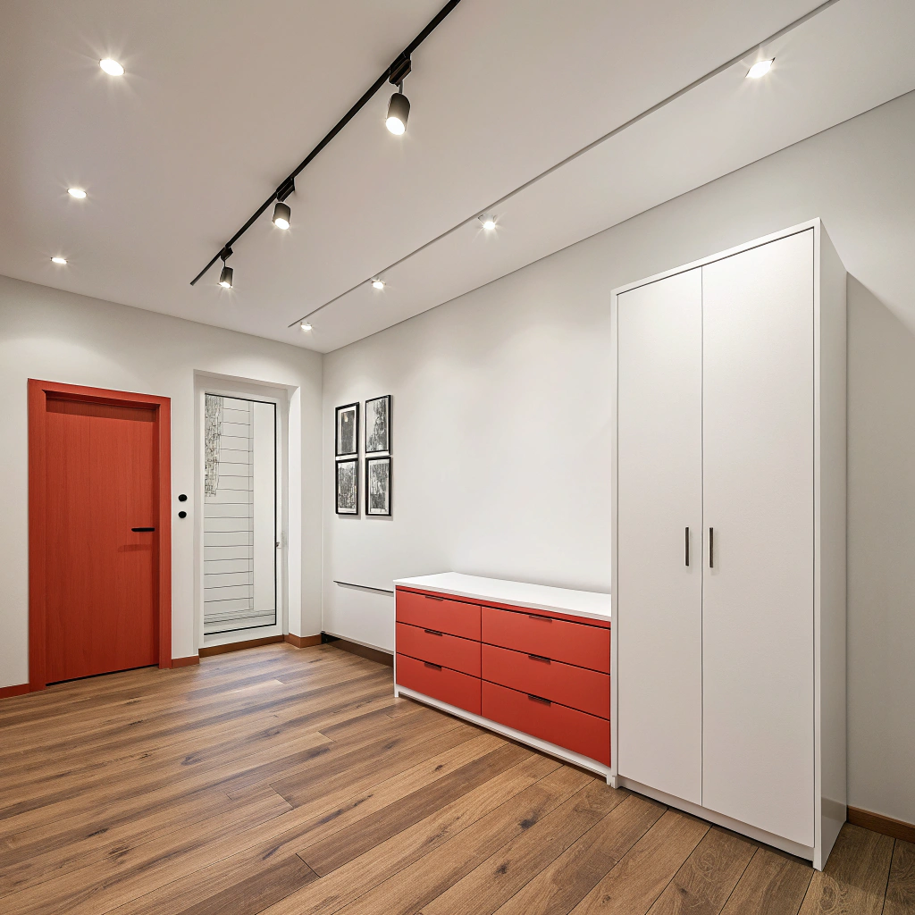 Фото комнаты 4x5 в минималистичном стиле: белые стены, акцентный шкаф насыщенного цвета, длинный низкий комод, деревянный пол, потолочные точечные светильники