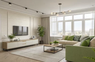 Светлая гостиная 6x4 м в скандинавском стиле: диван у длинной стены, низкая мебель, ковёр, крупные окна, много света, нейтральные бежево-серые тона и зелёные акценты.