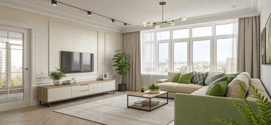 Светлая гостиная 6x4 м в скандинавском стиле: диван у длинной стены, низкая мебель, ковёр, крупные окна, много света, нейтральные бежево-серые тона и зелёные акценты.