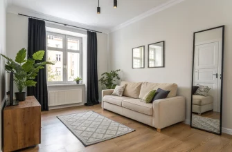 Современная гостиная с одним окном: светлые стены, деревянный пол, бежевый диван, большое зеркало напротив окна, черный карниз, графитовые двери и зеленые растения.