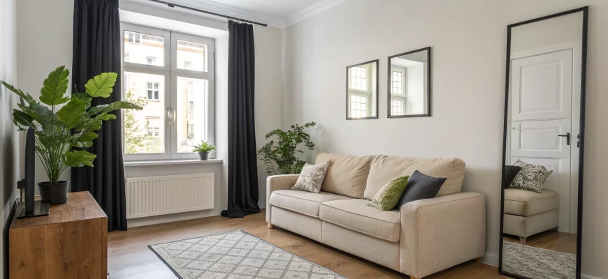 Современная гостиная с одним окном: светлые стены, деревянный пол, бежевый диван, большое зеркало напротив окна, черный карниз, графитовые двери и зеленые растения.