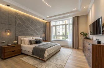 Просторная спальня 22 кв. м в мягких молочных тонах, кровать у окна, графитовая акцентная стена, дубовый комод, светлый ламинат и тёплое освещение.