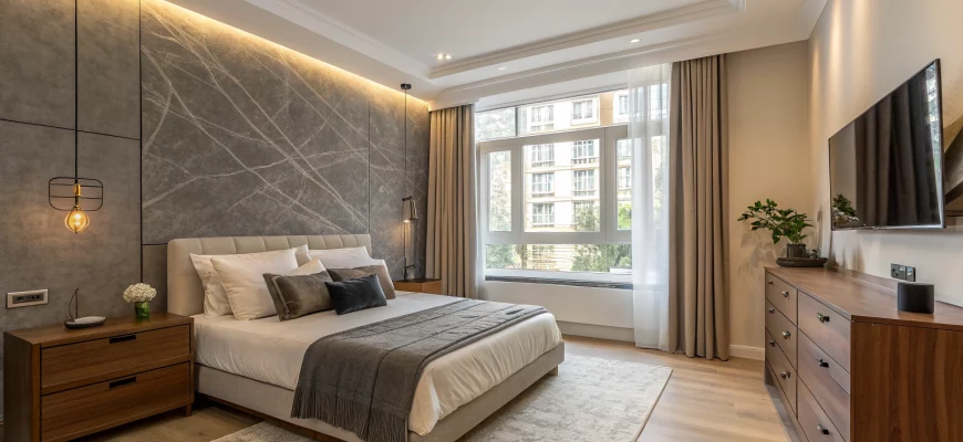 Просторная спальня 22 кв. м в мягких молочных тонах, кровать у окна, графитовая акцентная стена, дубовый комод, светлый ламинат и тёплое освещение.