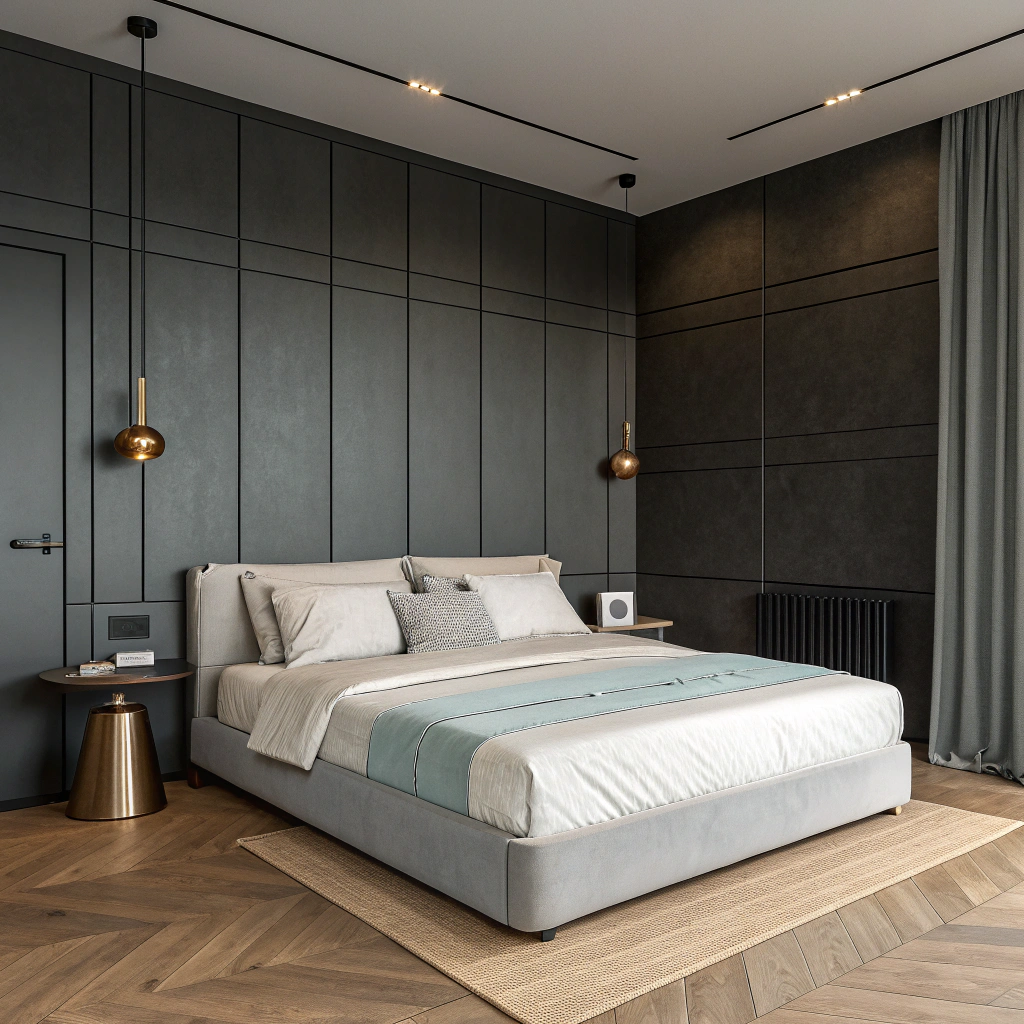 Графитовая спальня: драматичный акцент в 22 м²