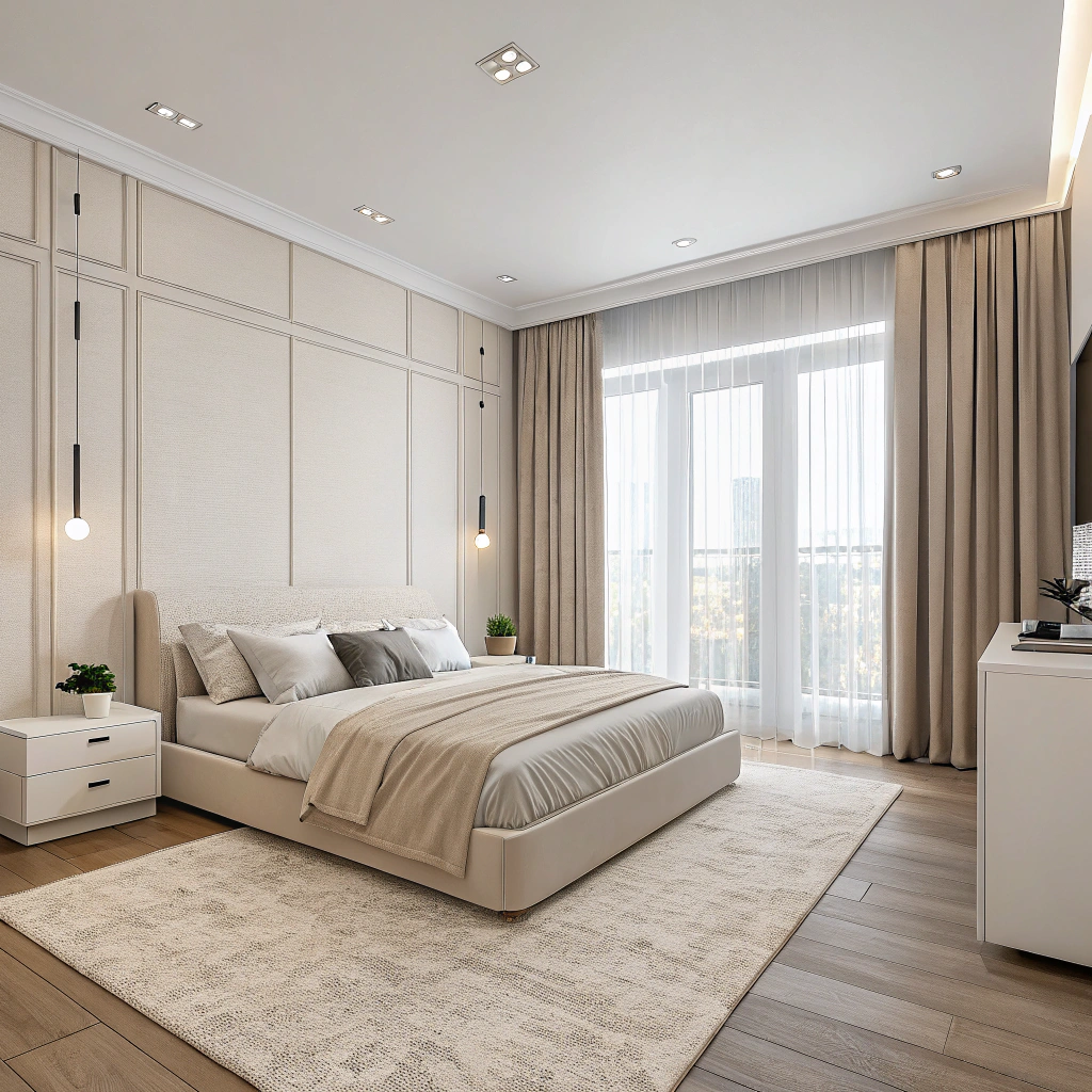 Молочные оттенки: уютная спальня 22 кв. м