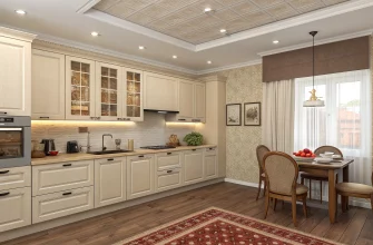 Светлая кухня 4 на 4 с тёплым рыжим ламинатом, бежевыми фасадами, акцентной стеной с обоями мешковина и аккуратным немецким потолком, компактный обеденный стол и рабочая зона