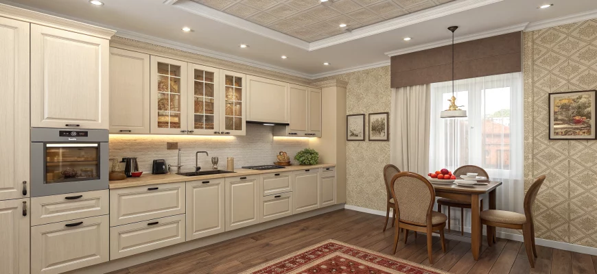 Светлая кухня 4 на 4 с тёплым рыжим ламинатом, бежевыми фасадами, акцентной стеной с обоями мешковина и аккуратным немецким потолком, компактный обеденный стол и рабочая зона