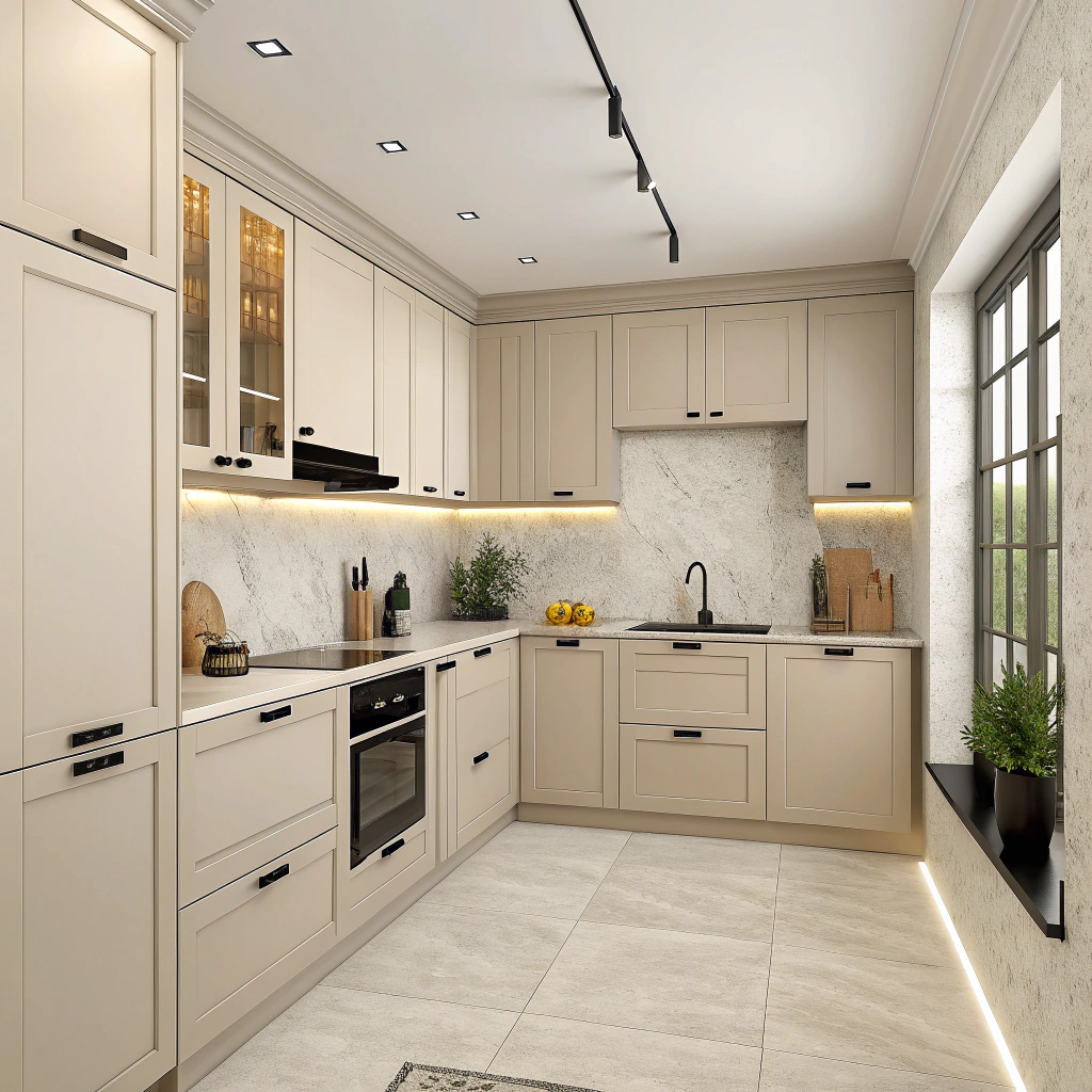 Сочетание цветов RAL: беж и молочный в маленькой кухне