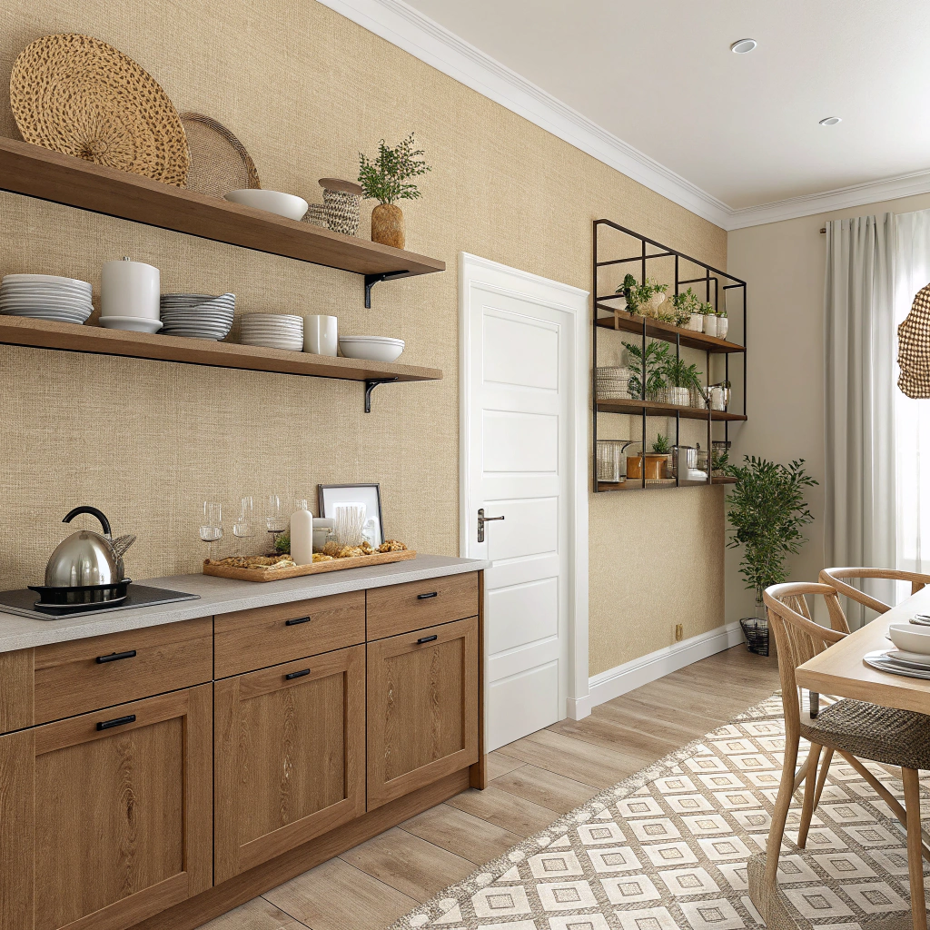 Обои мешковина: натуральная фактура в кухне 4 на 4