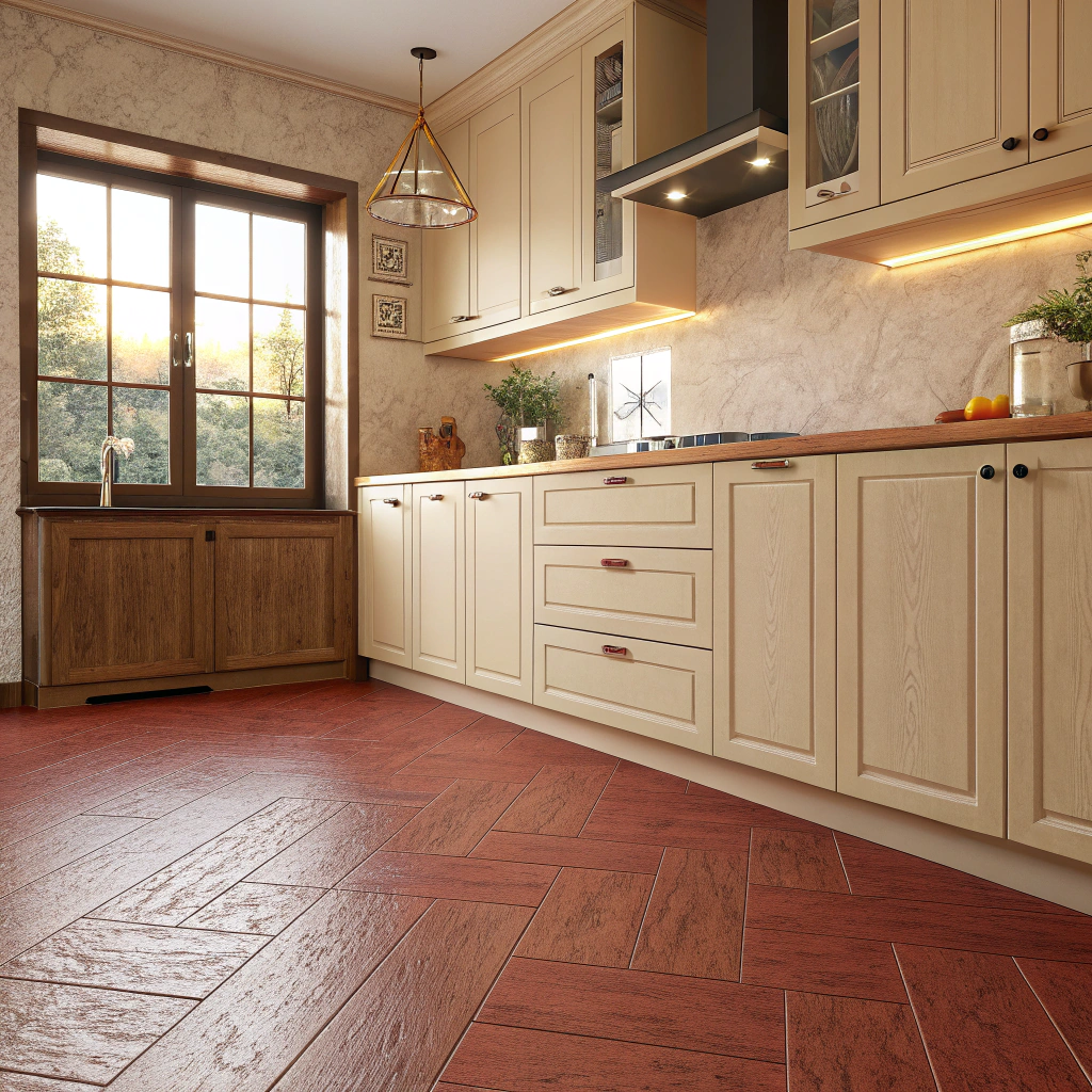 Тёплый пол: рыжий ламинат в кухне 4 на 4